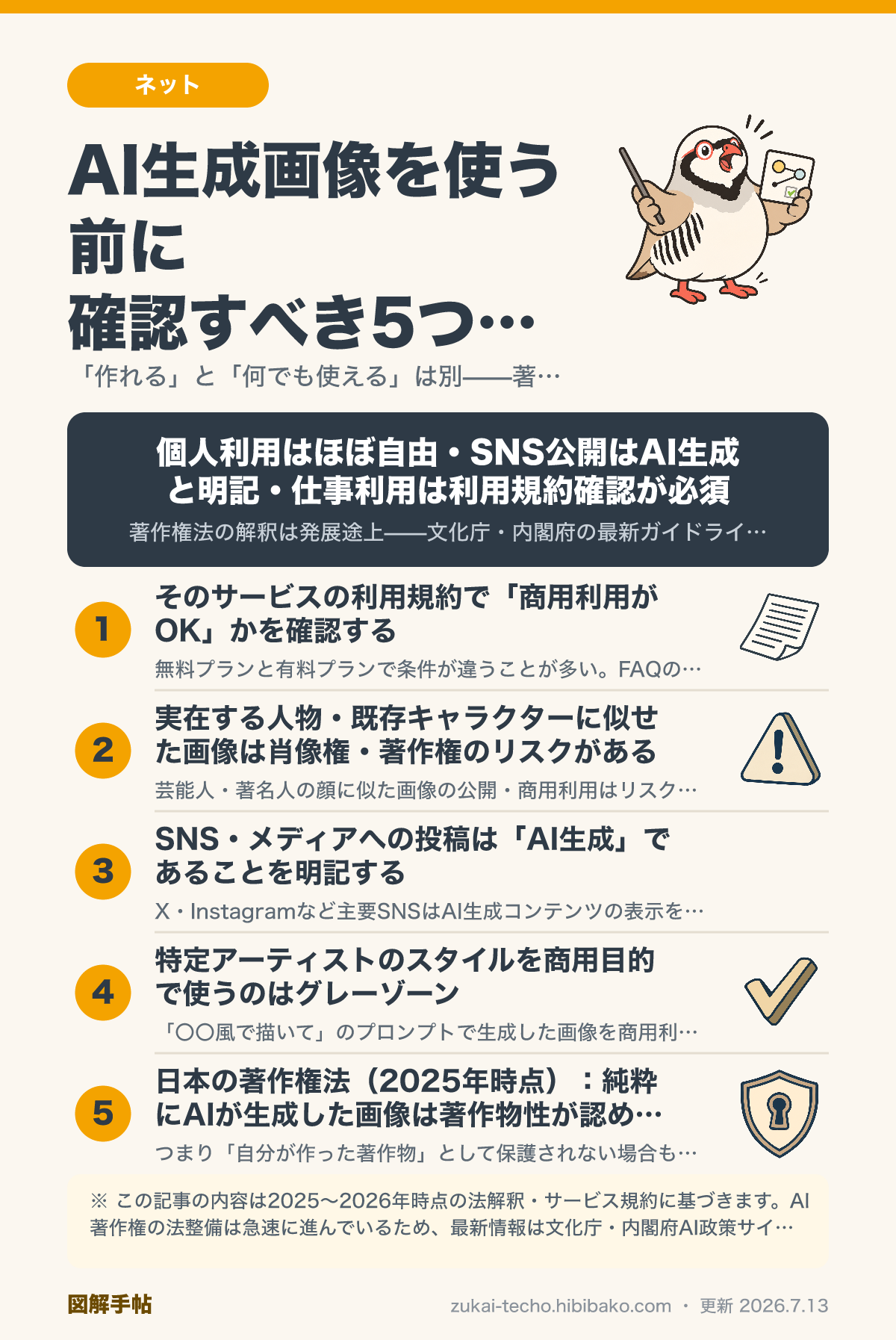 AI生成画像の著作権と利用ルールを示した図解