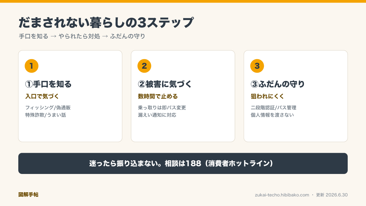 詐欺対策を『手口を知る・やられたら対処・ふだんの守り』の3つに分けて整理した図解。手口を知る＝フィッシング・偽通販・特殊詐欺・うまい話。やられたら対処＝乗っ取りは復旧、漏えいは通知対応。ふだんの守り＝二段階認証・パスワード管理・個人情報を渡さない。