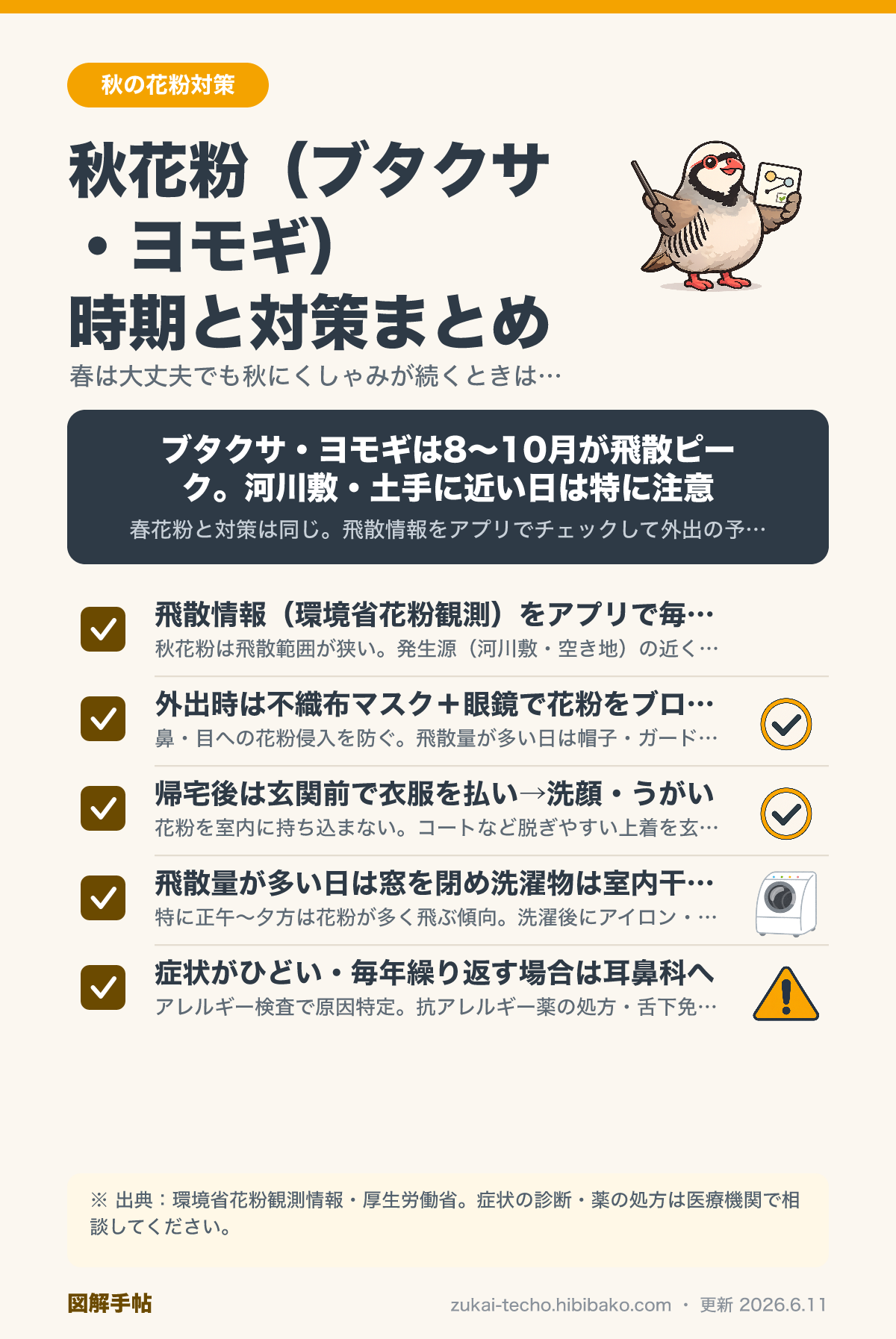秋の花粉症対策・ブタクサ・ヨモギの時期と対処法図解