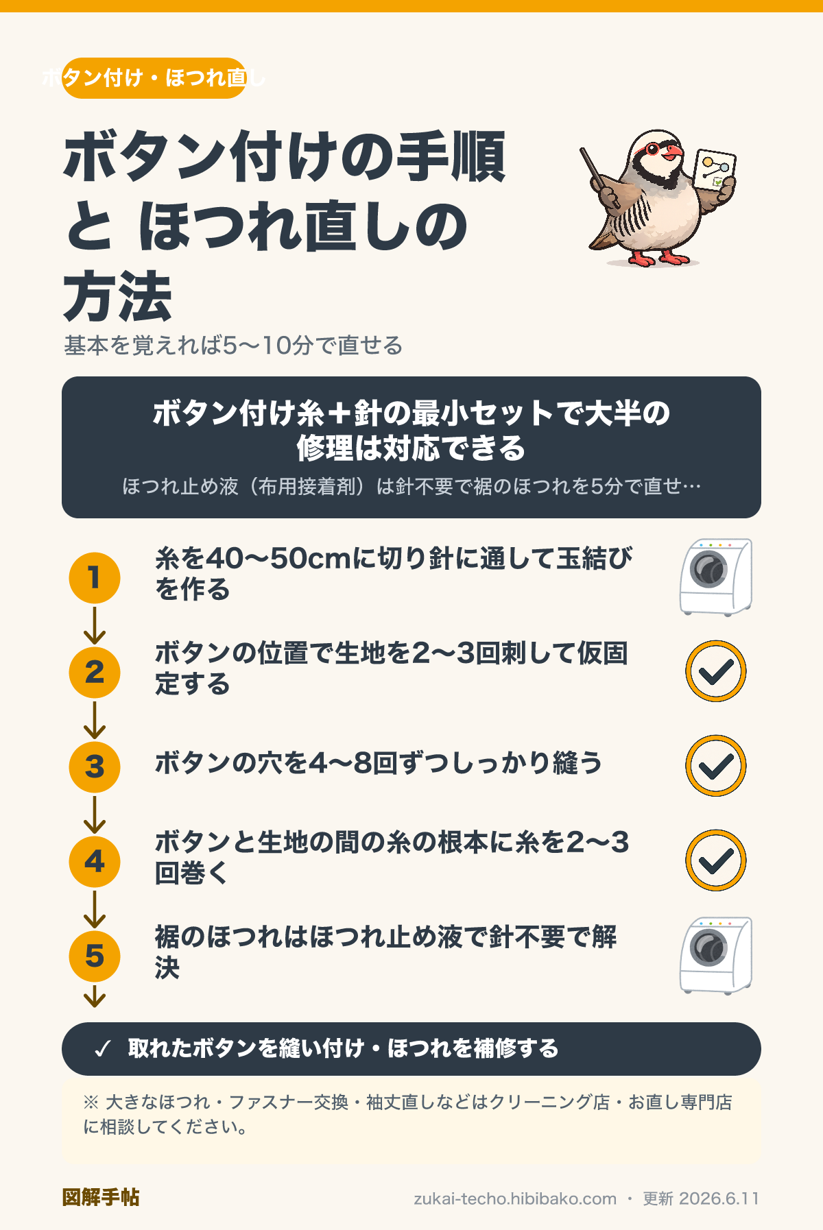 ボタン付け・ほつれの直し方ステップ図解