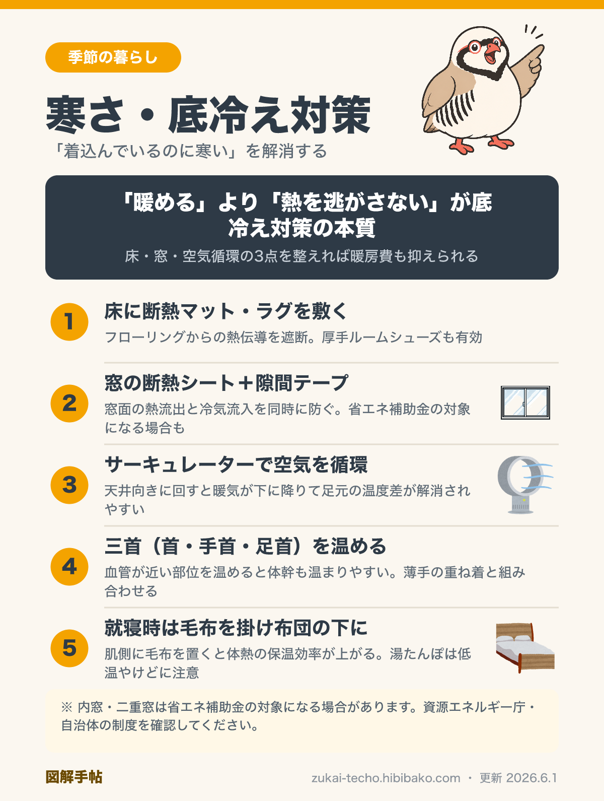 寒さ・底冷え対策5つのポイントの図解