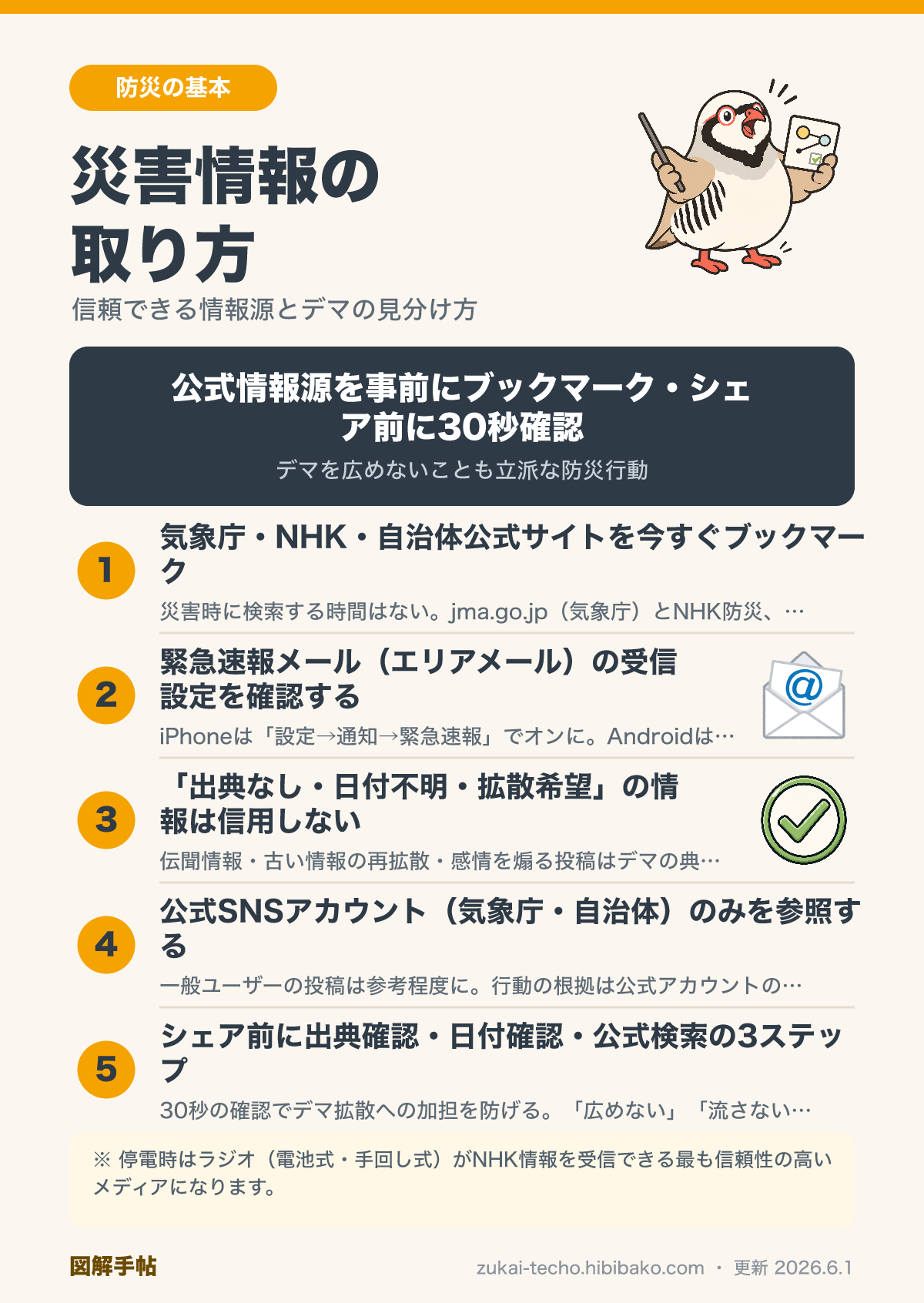 災害情報の信頼できる情報源と確認手順の図解