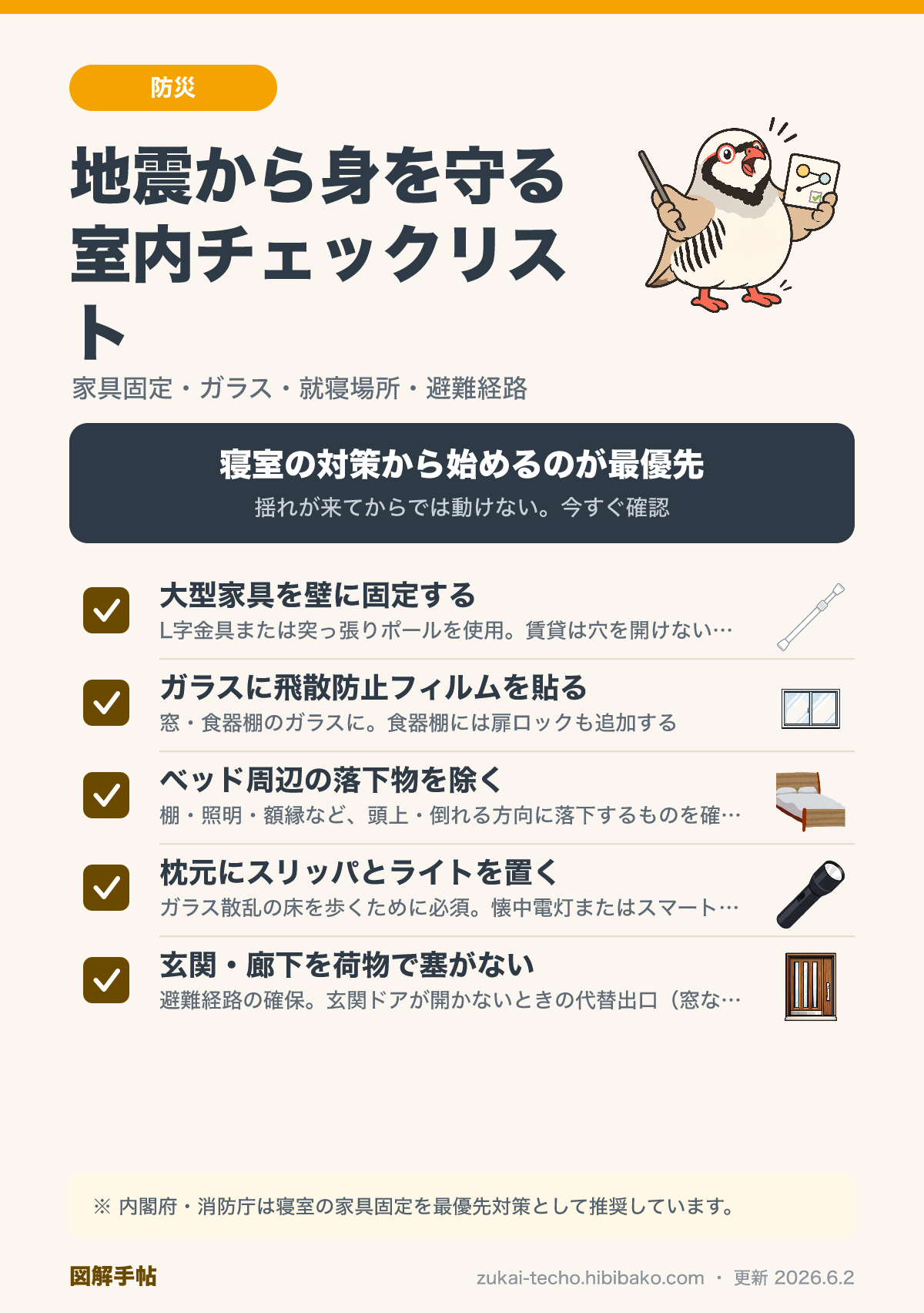 地震から身を守る室内チェックリスト（家具固定・ガラス・就寝場所・避難経路）の図解