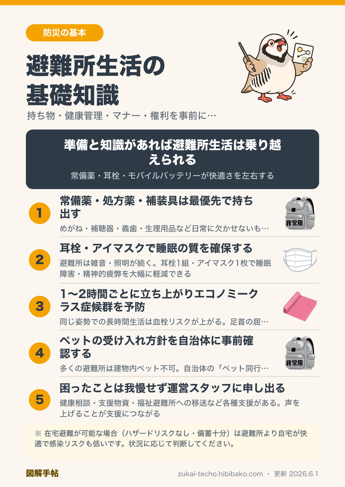 避難所生活の基礎知識（持ち物・マナー・健康管理）の図解