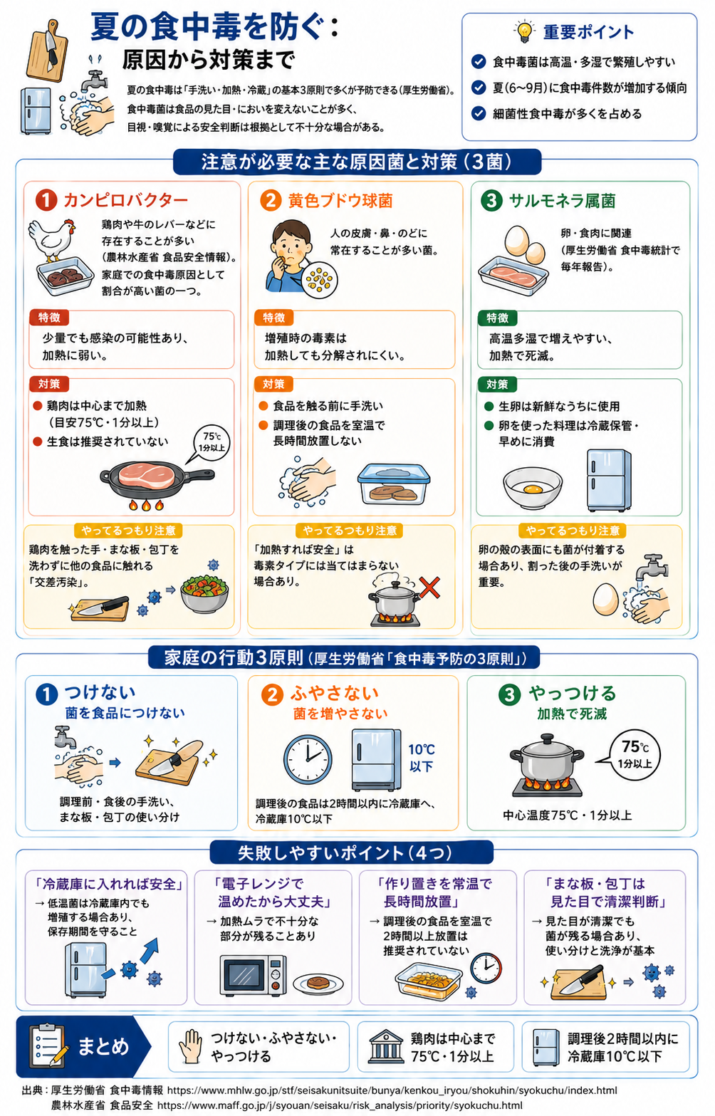 夏の食中毒の原因と家庭での予防対策を示した図解