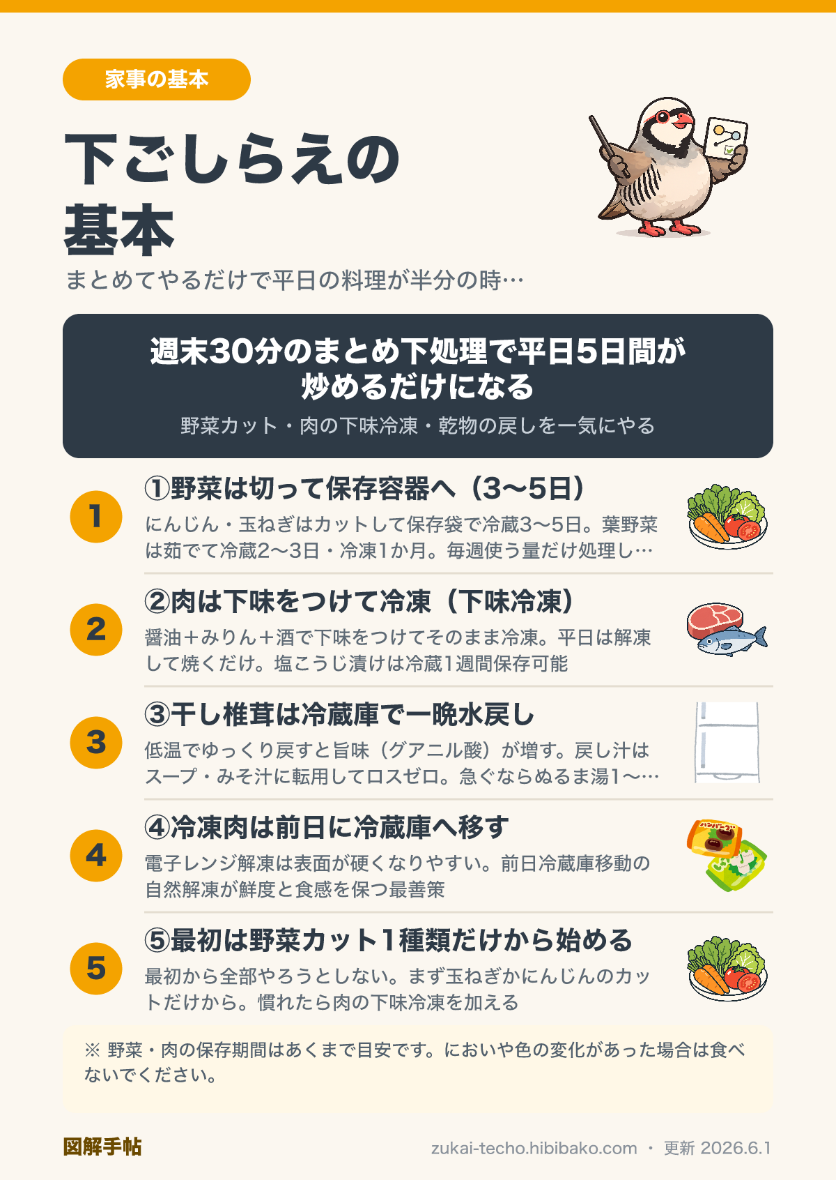 下ごしらえの基本（野菜・肉・乾物）まとめ下処理の図解