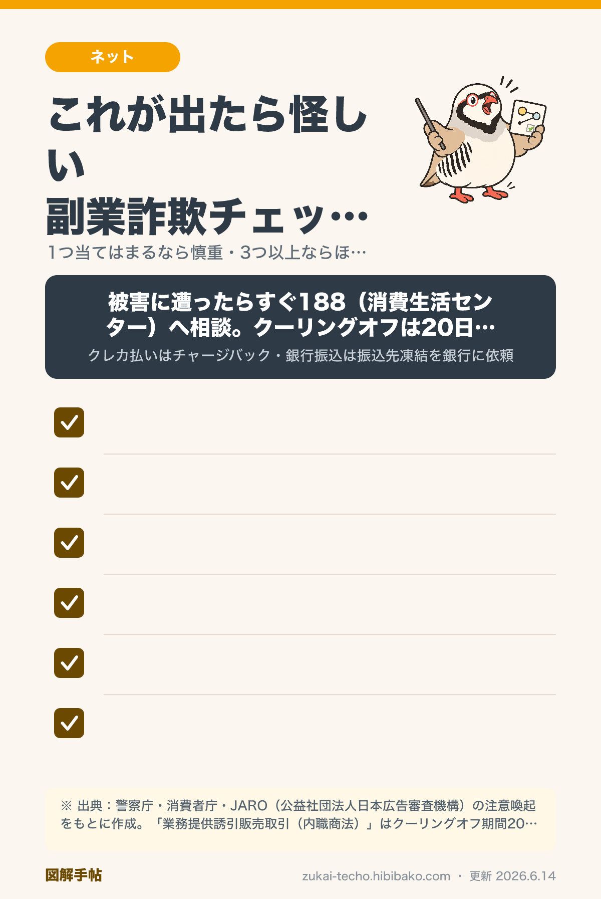 副業・案件詐欺の手口と見分け方のチェックリストを示した図解