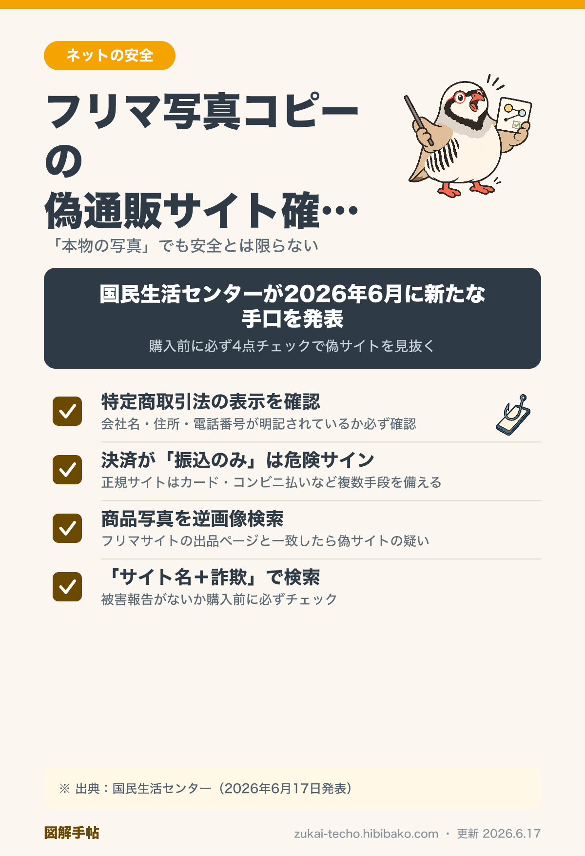 フリマ写真流用偽通販サイトの見分け方を示した図解