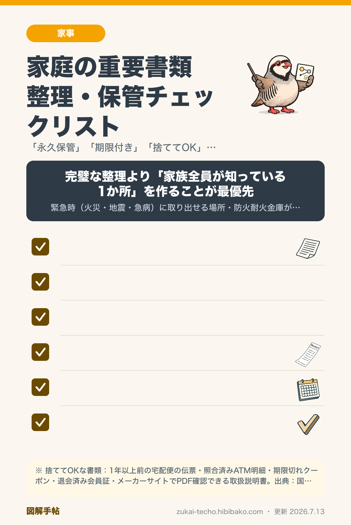 重要書類の整理と保管方法を示したチェックリスト図解