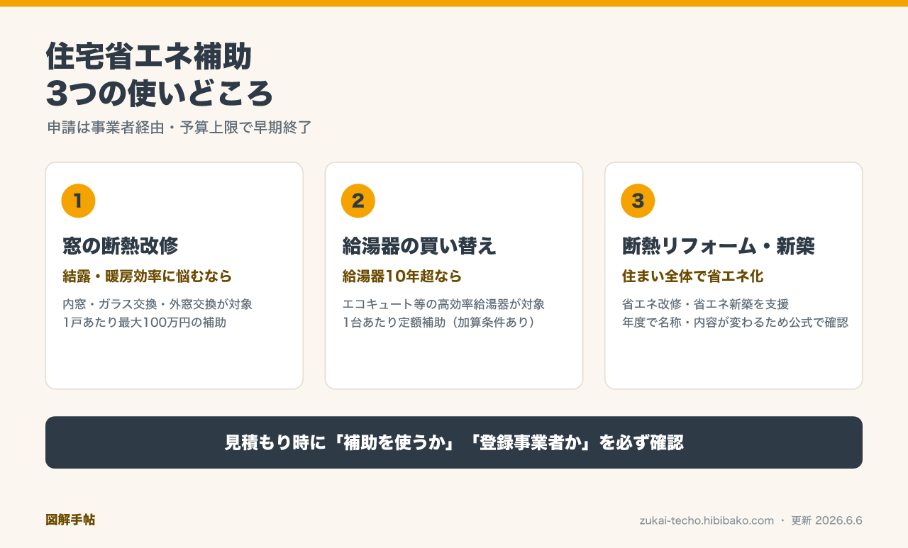 住宅省エネ補助の3事業と申請の流れを示した図解