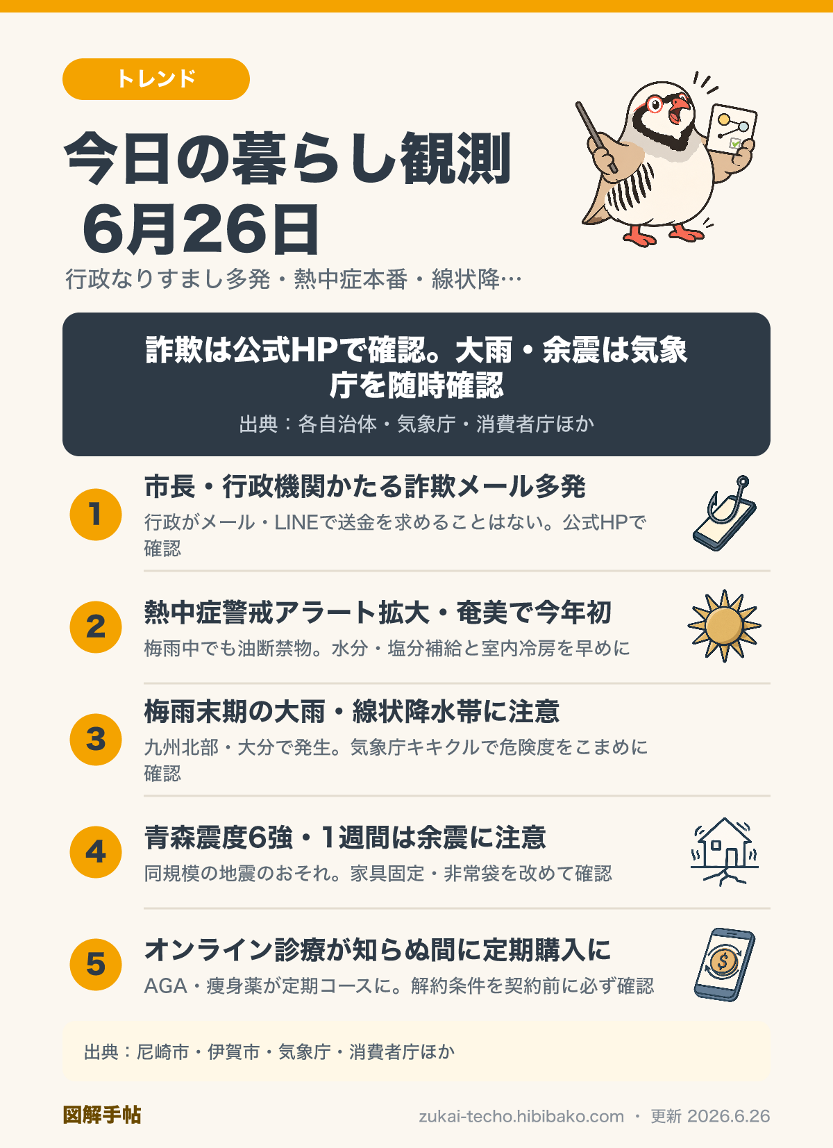 2026年6月26日の暮らし観測5トピックを示した図解