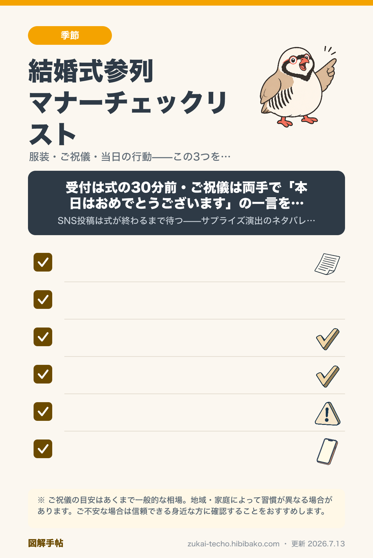 結婚式参列マナーのチェックリストを示した図解