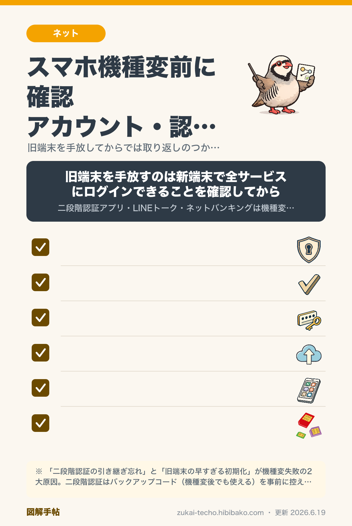 スマホ機種変更時の認証・アカウント引き継ぎチェックリストを示した図解