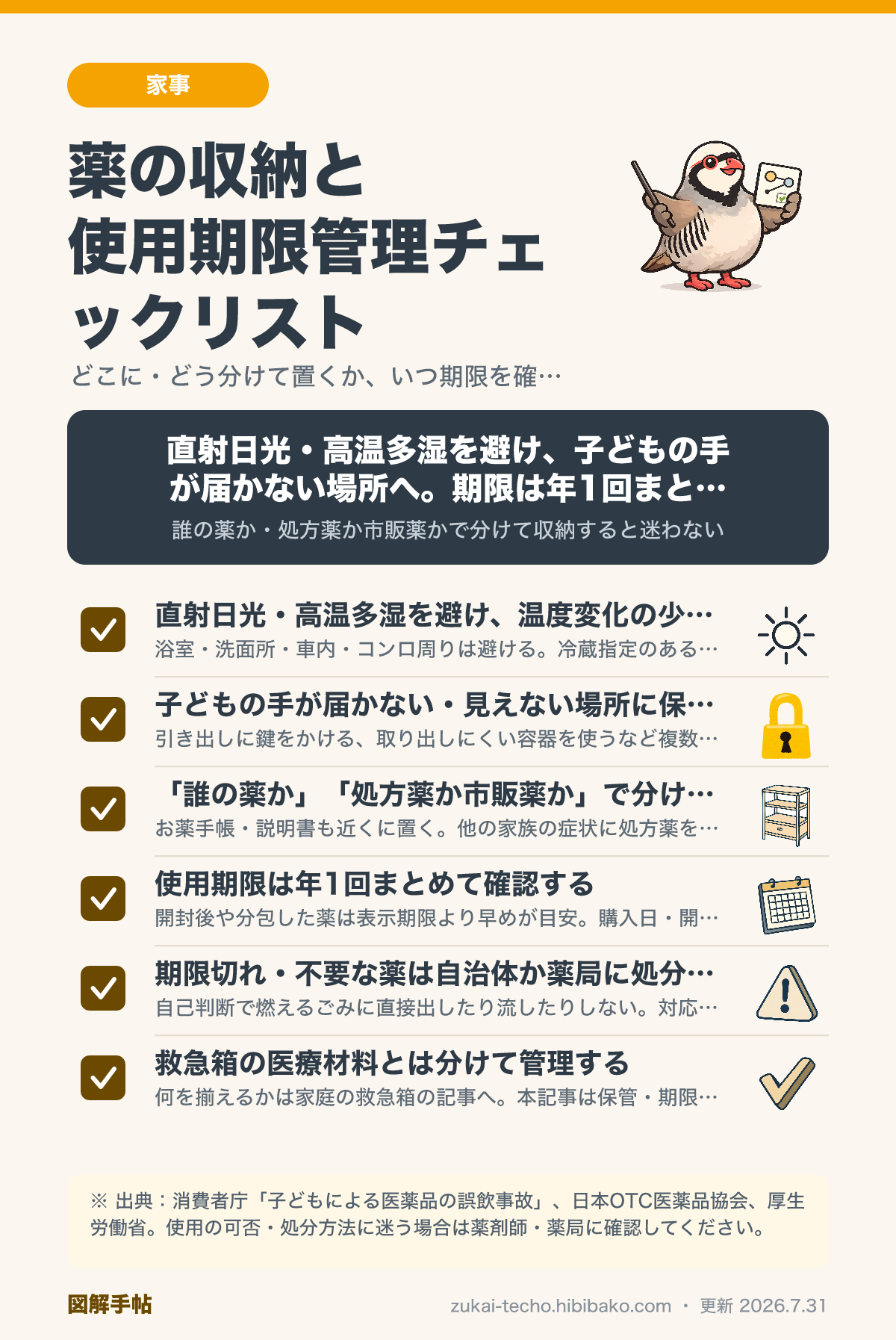 薬の収納場所の条件と使用期限管理のポイントをまとめたチェックリスト図解