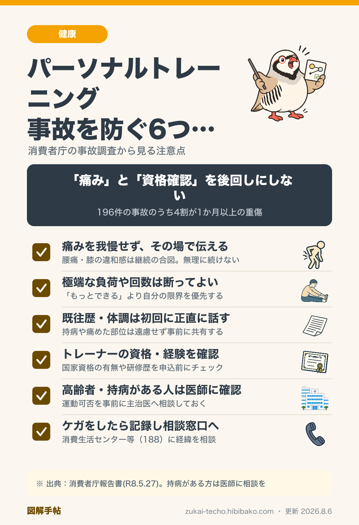 パーソナルトレーニング事故を防ぐ6つの備えを示した図解