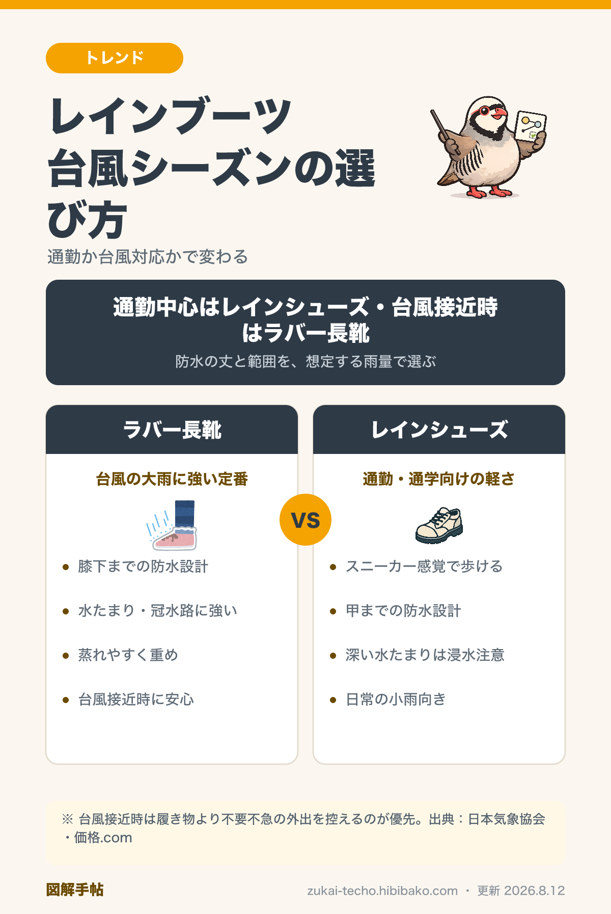 ラバー長靴とレインシューズの比較図解：防水性・重さ・向いている場面の違い
