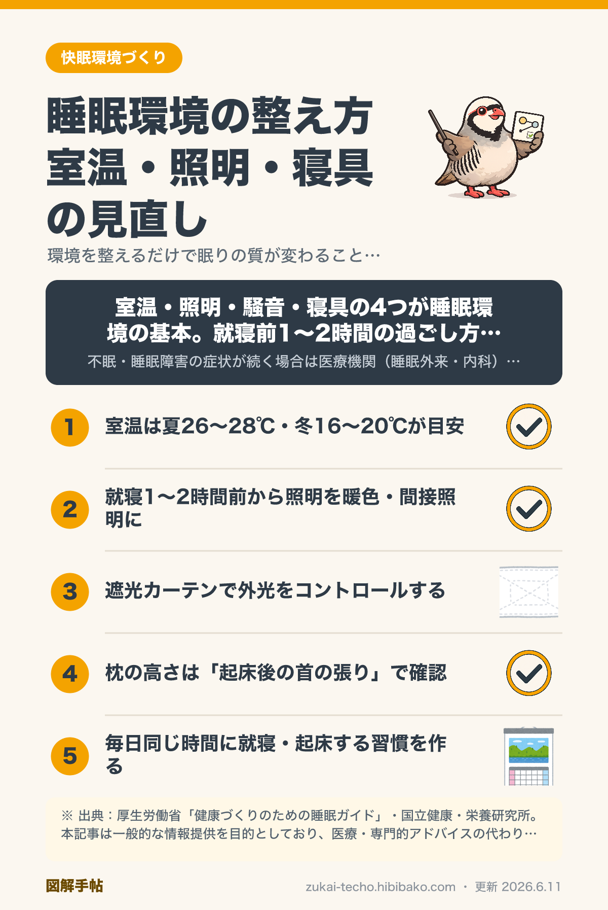 睡眠環境の整え方・室温・照明・寝具の見直し図解