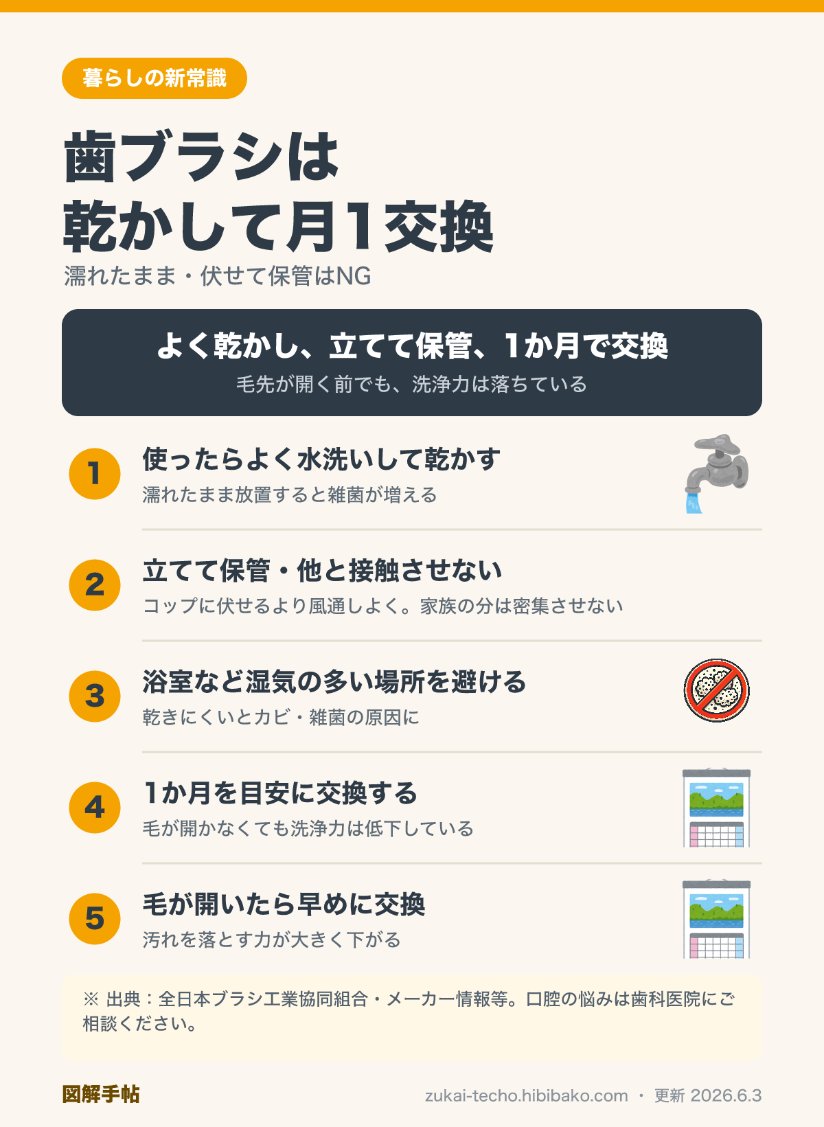 歯ブラシは乾かして月1交換という新常識を示した図解