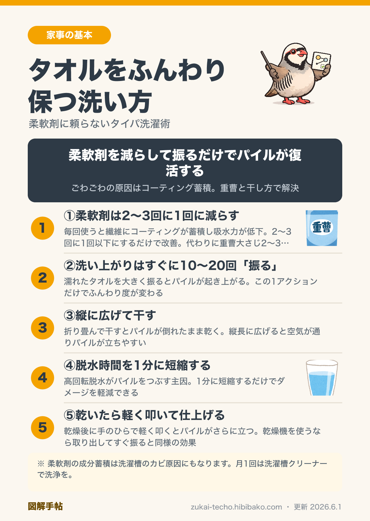 タオルをふんわり保つ洗い方の図解