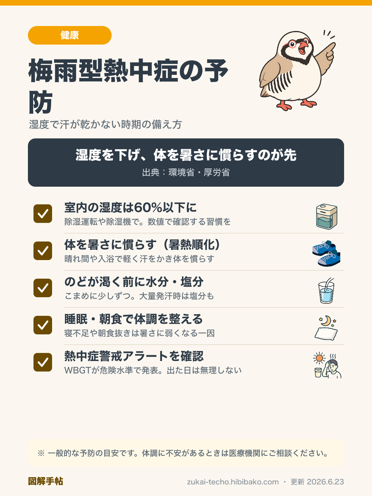 梅雨型熱中症を防ぐ5つのポイント（除湿・暑熱順化・水分塩分など）の図解